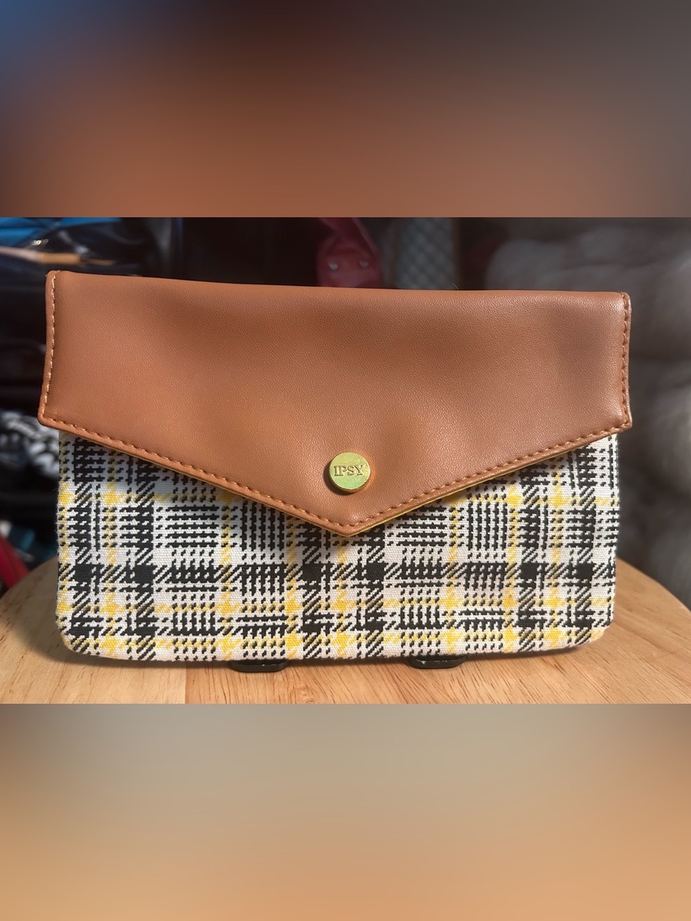 Ipsy “Clueless” inspired Yellow Plaid Cosmetic Pouch w/ Vegan Snap Flap